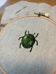 a close up of a green bug on a piece of cloth next to a needle