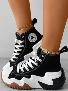 DETAILS Canvas upper Rubber sole Letter Round toe Trendy Black Sneakers With Textured Sole, Trendy Black High Ankle Sneakers, Trendy High Ankle Black Sneakers, Casual Black High Ankle Sneakers, Black Ankle-high Comfortable Sneakers, Zapatillas All Star, Chic Type, Chunky Heels Boots, Girly Shoes