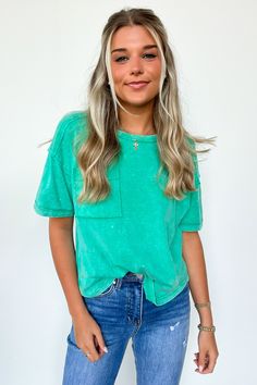 Details: Add some cozy quirk to your wardrobe with our Mineral Washed Short Sleeve Top. Made from a comfy knit fabric, this top features exposed raw seaming and a chest patch pocket. Perfect for a laid-back look with a playful twist!- Short sleeves - Relaxed fit - Mineral wash Content: 100% cotton Size + Fit: Model is 5'4" (peach), 5'2" (sage), 5'8" (green) and wearing a Small - Approximate measurements from a size small - Full length: 23"- Chest: 42"- Waist: 40"- Sleeves: 11"Brand: Very J Twist Short, Teal Shirt, Cute Tops For Women, Easy Trendy Outfits, Crop Top Blouse, Country Outfits, Back In Stock, Skirt Leggings, Christmas 2024