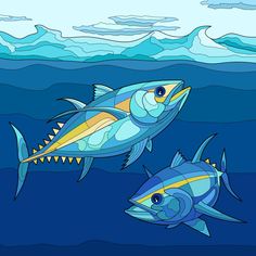 two colorful fish swimming in the ocean with blue water and white clouds behind them illustration