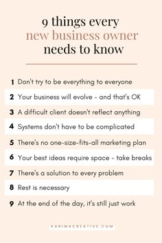 a pink poster with the words 9 things every new business owner needs to know