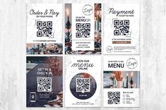 a set of four restaurant menus with qr code and bar images on them