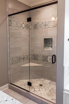 a walk in shower sitting next to a white sink under a window on top of a tiled floor