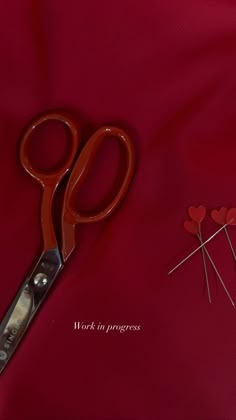 a pair of scissors sitting on top of a red cloth next to pins and needles