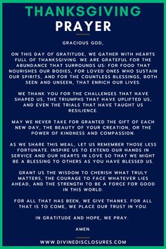 a poem written in blue and green with the words, thanksgiving prayer on it's side