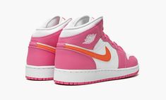 The Air Jordan 1 Mid GS “Pinksicle” is a fun and colorful look for popular silhouette for kids.  The eye-catching design features a white leather base with mesh around the ankle, which is all layered with a bright shade of pink that Nike is dubbing Pinksicle across the rest of the upper.  Orange accents also come into play for the side Swooshes and Jumpman tongue tag. Sneaker Displays, Air Jordan 1 Mid Gs, Sneakers Box, Kobe Shoes, Nike Air Jordan 1 Mid, Sneaker Release, Orange Accents, Stadium Goods, Basketball Sneakers