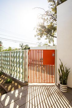 an orange gate is next to a white wall and potted plant on the sidewalk