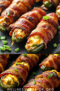 bacon wrapped jalapeno poppers with cheese and green peppers on them are ready to be eaten