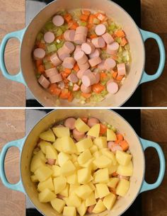 two pictures showing the process of cooking potatoes and ham