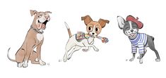 three cartoon dogs are playing with a toy in their mouth and one dog is wearing a bow tie