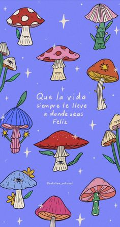 a card with different colored mushrooms and stars on the blue background that says, que la viaa sempre le livve a dandie seas