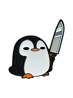 a penguin with a knife stuck in it's back