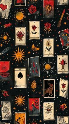 an image of playing cards with sun and flowers on black background, as well as stars