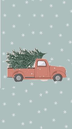 an old red truck with a christmas tree on the back in snowflakes