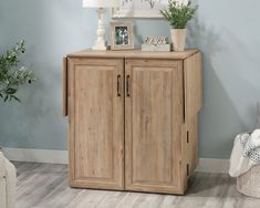 a wooden cabinet with two doors and some plants on top in a room that has blue walls