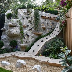 a rock wall with a slide in the middle and plants growing on it's sides