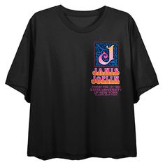 Rock out with this women's officially licensed Janis Joplin crop tee! The front features Janis' iconic J logo, while the back showcases vibrantly colored poster art of the music legend herself. The short-sleeved crew neck top comes in classic black, and the cropped length adds a modern, on-trend twist. Made of 100% cotton, it's not only stylish but also comfortable. Perfect for any Janis Joplin fan, this crop tee is machine washable and built to last. Wear it to your next concert or music festiv Summer Band Merch Cropped T-shirt With Graphic Print, Graphic Cropped T-shirt With Crew Neck For Streetwear, Graphic Crew Neck Cropped T-shirt For Streetwear, Crew Neck Graphic Cropped T-shirt For Streetwear, Pride Graphic Print Relaxed Fit T-shirt, Relaxed Fit T-shirt For Pride Streetwear, Black Cropped T-shirt With Graphic Print For Streetwear, Black Pride Screen Print Top, Black Screen Print Tops For Pride