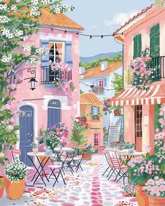 a painting of an outdoor cafe with tables and chairs in front of pink buildings that have flowers on them