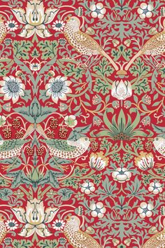 a red and green wallpaper with birds, flowers and leaves on it's sides