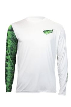 a white shirt with green and black designs on the sleeves, it is long sleeved