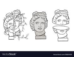 three busts with leaves on them in black and white outline art style vector illustration