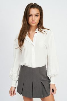 SIZE & FIT :MODEL WEARS SIZE SMALLMODEL'S HEIGHT 5'9Made In: IMPORTEDFabric Contents: 70% RAYON, 30% POLYESTER Office Woman, White Office, Collared Blouse, Button Up Blouse, Smocking, Button Up, Angeles, Off White, Skirt