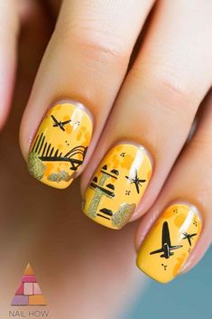 Golden Travel Nails - Shine bright with these summer nail designs featuring golden hues and travel motifs. These cool summer nails are perfect for adding a touch of glamour to your summer look. Find more summer nail inspo at nailhow.com. Travel Nails