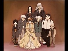 a group of people standing next to each other in front of a brown background with an anime