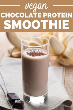 chocolate protein smoothie in a glass on a napkin