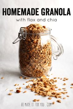 homemade granola with flax and chia in a glass jar