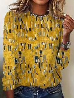 Yellow Vintage Abstract Print Blouse How To Have Style, Denim Short Jumpsuit, Long Sleeve Tops Casual, Maxi Dress Green, Print Blouse, Fall Outfits Women, Long Sleeve Casual, Free Clothes, Printed Blouse