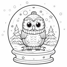 an owl inside a snow globe with trees in the background and snow flakes on the ground