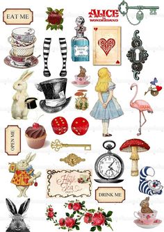 an illustration of alice and the wonderland tea party with many different things to see on it