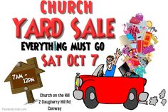 an advertisement for yard sale with a man in a red car