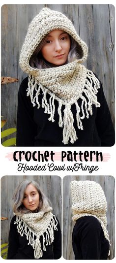 the crochet hooded cowl with fringes is shown in three different views