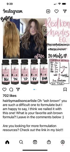 Ash Brown Hair Color Formula Redken, Redken Shades Ash Brown Formula, Ash Brown Redken Shades Eq Formula, Ash Brown Toner Formula, Redken Ash Brown Formula, Blonde To Brunette Formula, Ash Brown Hair Color Formula, 7nch Shades Eq, Ash Brown Shades Eq Formula