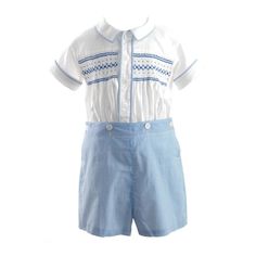 Traditional two-piece smocked shirt and short set. The shirt is hand smocked across the chest with a vintage inspired design, collar and button placket have a striped piping to match the shorts with button opening at the side and button onto the shirt. Smocked Shirt, Smock Shirt, Rachel Riley, Kids Clothing Brands, Hand Smock, Boys Set, Vintage Inspired Design, Short Set, Toddler Sizes