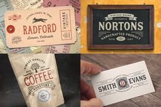 four different types of business cards with logos on them, including one for coffee and the other for tea