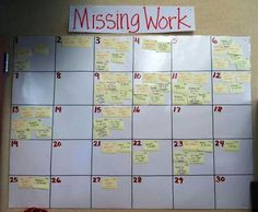 a bulletin board with sticky notes on it and the words missing work pinned to it