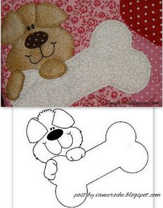 a dog with a bone in its mouth and a teddy bear holding a heart on it's chest