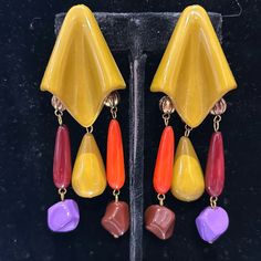 This Pair Is Amazing!! Just Unboxed This Pair From Our Original Boutique In The Early 80s. The Colors Are True 70s-80s Vibes And The Design Is Like Modern Art. So Fun For Some Of Your Retro Throwback Free People Looks. Lightweight 3.5” Length Surgical Steel Posts Storage Hot Pink Bag 70s Fashion Jewelry, Retro Yellow Earrings For Party, Retro Yellow Party Earrings, Yellow Retro Party Earrings, Retro Yellow Dangle Earrings, Retro Multicolor Clip-on Earrings, 60s Jewelry, Hot Pink Bag, Mod Squad