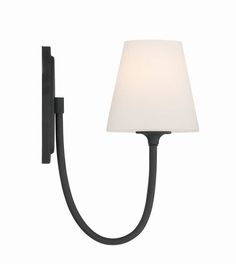 a black wall light with a white shade on the top and bottom half of it