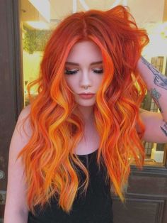 Fire Hair Dye, Orange Fall Hair, Sunset Orange Hair, Hair Color Vivid, Orange Hair Bright, Paprika Hair Color, Orange Hair Color Ideas, Orange To Blonde Hair, Fire Ombre Hair