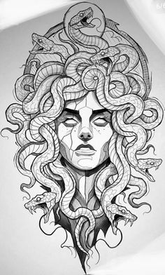 a drawing of a woman with snakes on her head