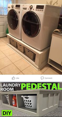 two pictures side by side with the same washer and dryer in different positions