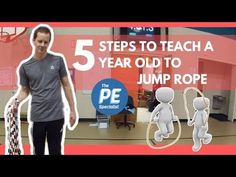 an image of a man holding some kind of rope in front of him with the words 5 steps to teach a year old to jump rope