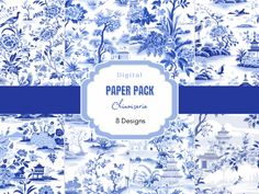 a blue and white paper pack with an image of flowers, pagodas and trees