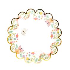 a white plate with colorful flowers and butterflies on the rim, surrounded by gold trimmings