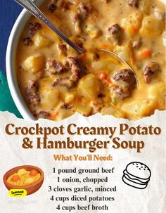 an ad for crockpot creamy potato and hamburger soup with a spoon in it