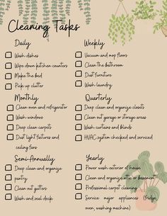 a cleaning checklist is shown with green plants